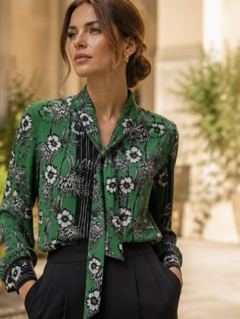 Jealous Tomato Green and Black Floral Tie-Neck Blouse with White Accents